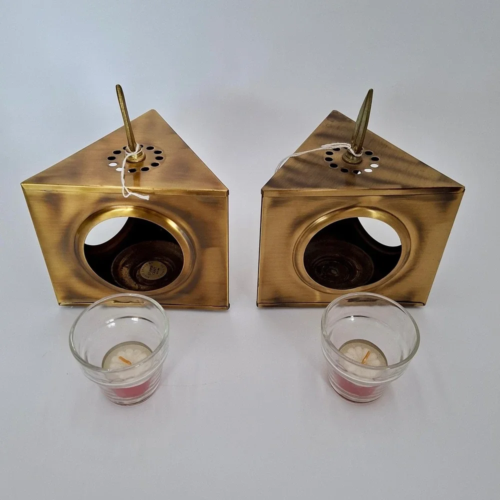 Vintage Copper Craft Solid Brass Triangular Candle Lanterns Votive Holders Pair